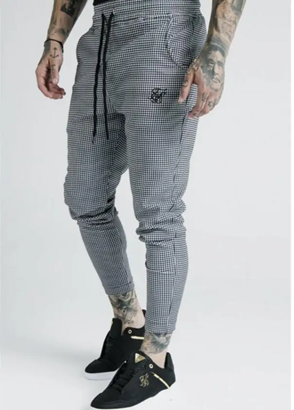2019 Men's Fashion New Polyester Plaid Flocking Printing Casual Thin Sik Silk Sweatpants Street Hip-Hop Slim Trousers | Мужская
