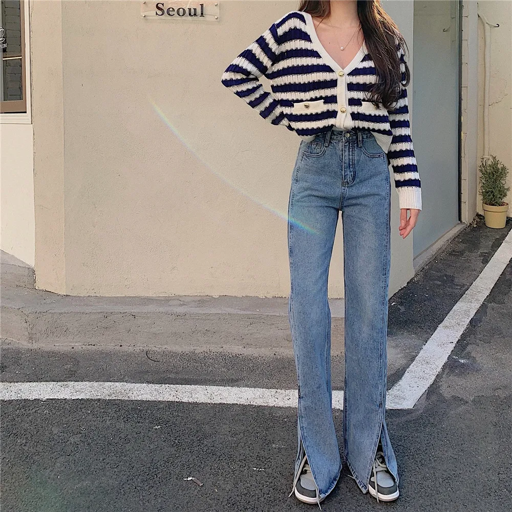 

Chic Elegant Women's Korean-Style High Waist Jeans Slimming Wide-Leg Draping Slit Mop Bell-Bottom Pants