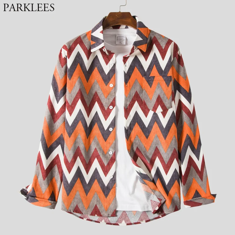 

Fashion Wave Pattern Corduroy Shirt Men Long Sleeve Button Up African Shirts for Men Casual Warm Button Up Jackets Shirt Chemise