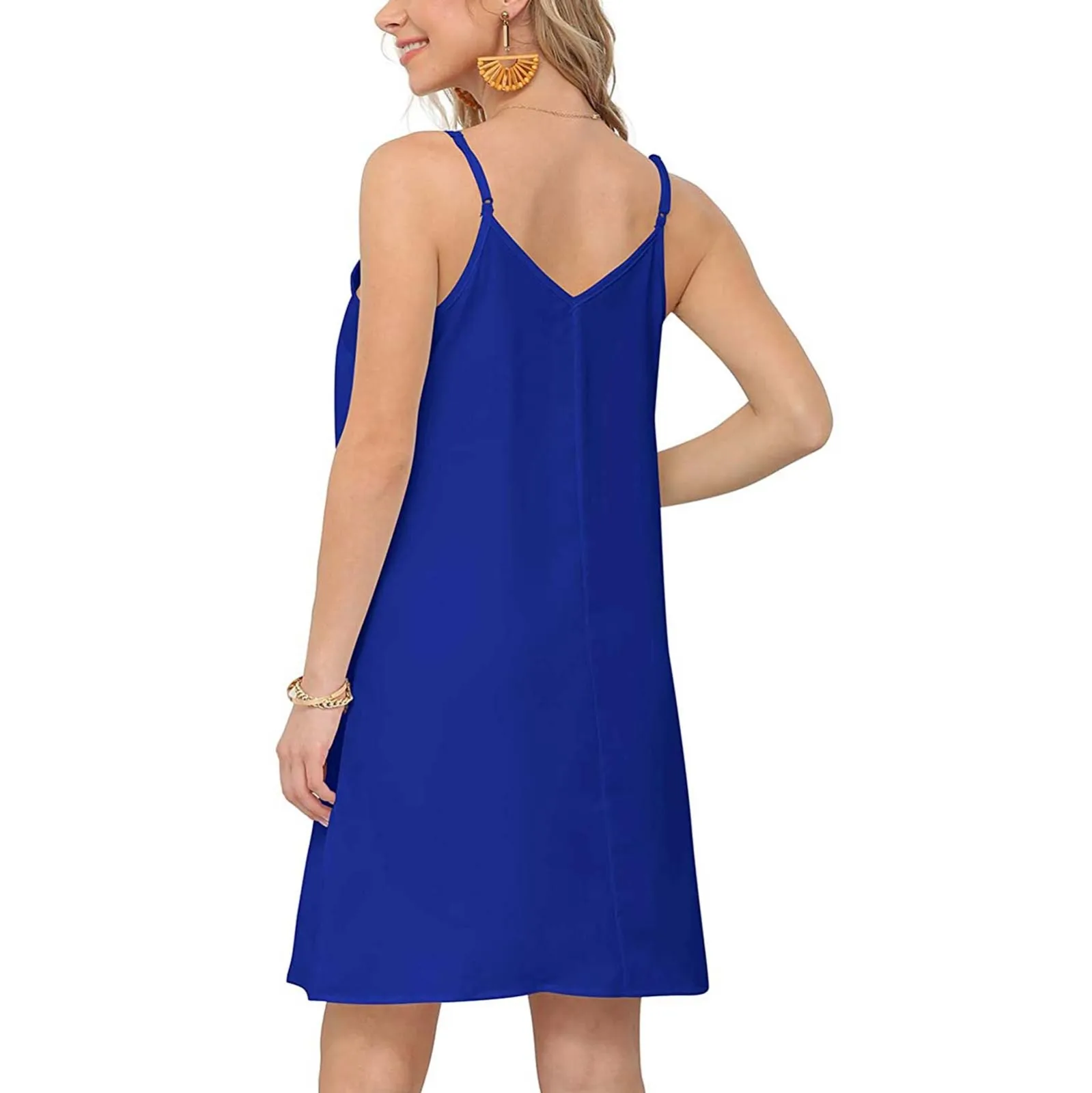 

40# Oversized Button Strap Dress V-neck Sleeveless Straight Dress Casual Open Back Beach Sundresssolid Color Woman Clothing