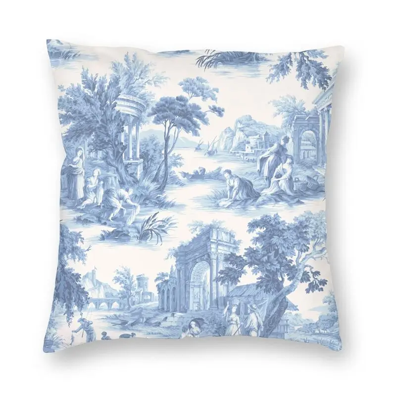 

French Toile De Jouy Navy Blue Motif Pattern Cushion Covers Soft Throw Pillow Case for Sofa Square Pillowcase Home Decorative