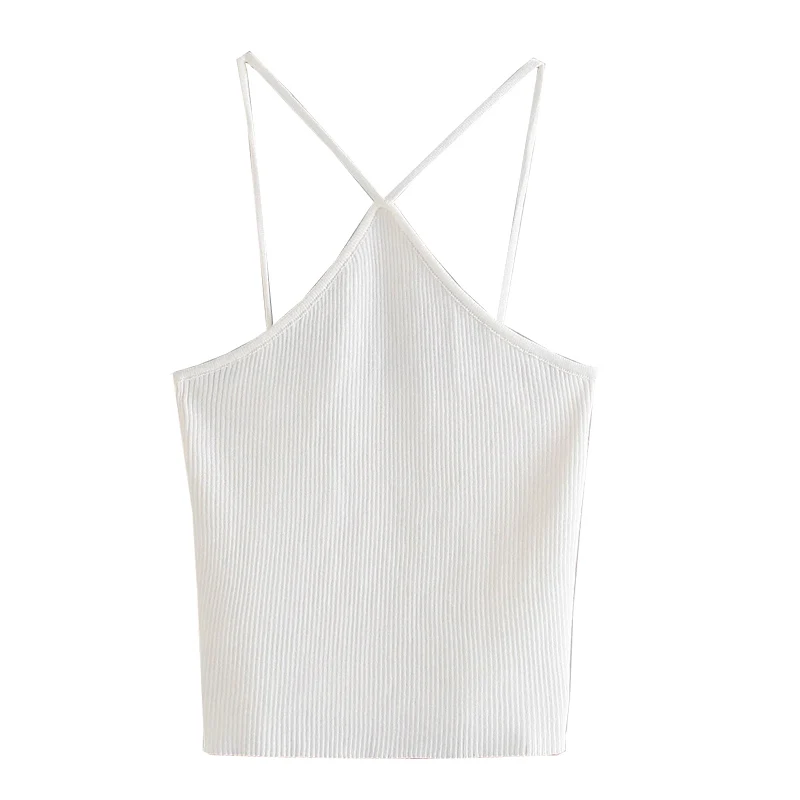 

Women Fashion Sexy Cropped Solid Color Knitted Blouses Vintage Backless Thin Straps Female Shirts Cross Necked Vest Chic Tops