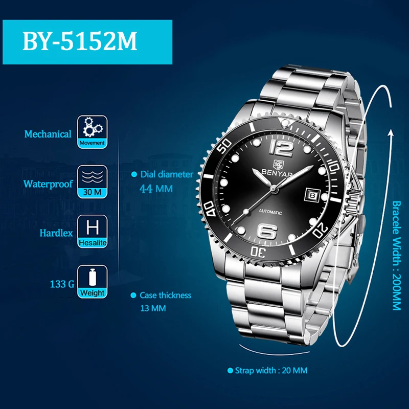 BENYAR mechanical watch men automatic stainless steel waterproof wristwatch top brand luxury simple clock Relogio Masculino+box enlarge