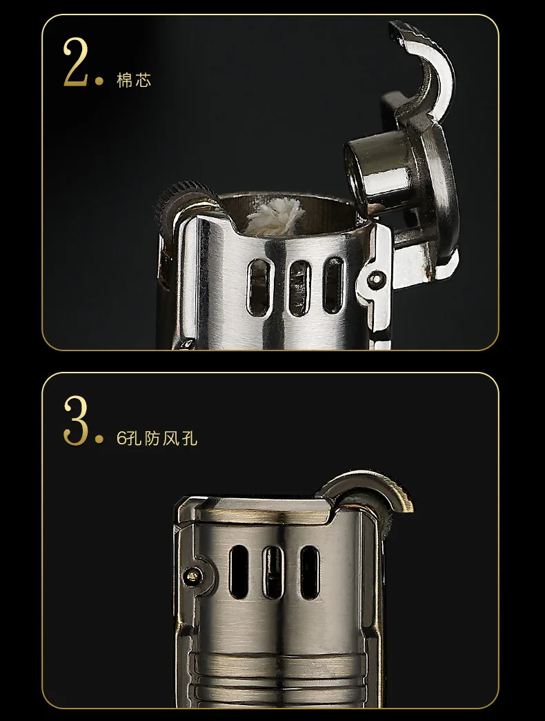 Винтажная цилиндрическая металлическая бензиновая зажигалка наблюдаемая