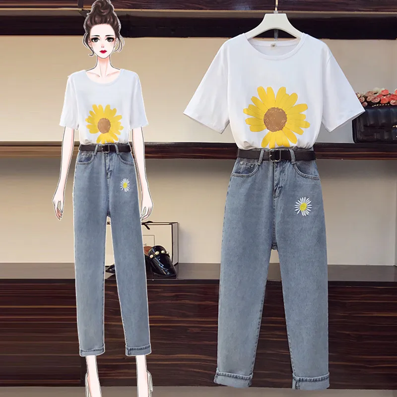 Женский комплект из футболки и джинсов HAMALIEL свободный хлопковый топ с принтом