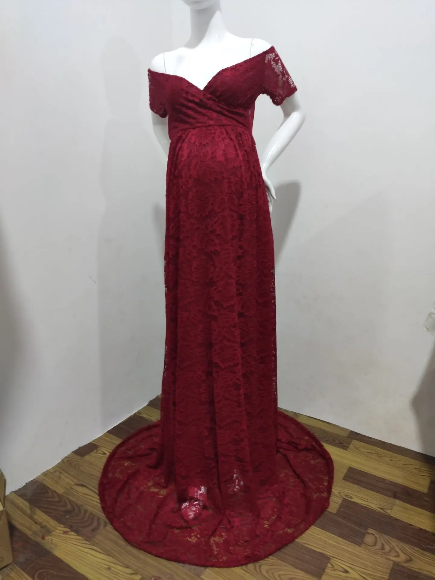 

Maternity Lace Dresses Photo Shoot Pregnant Women Sexy V Neck Maxi Gown Dress Pregnancy Short-sleeved Photography Props Clothes