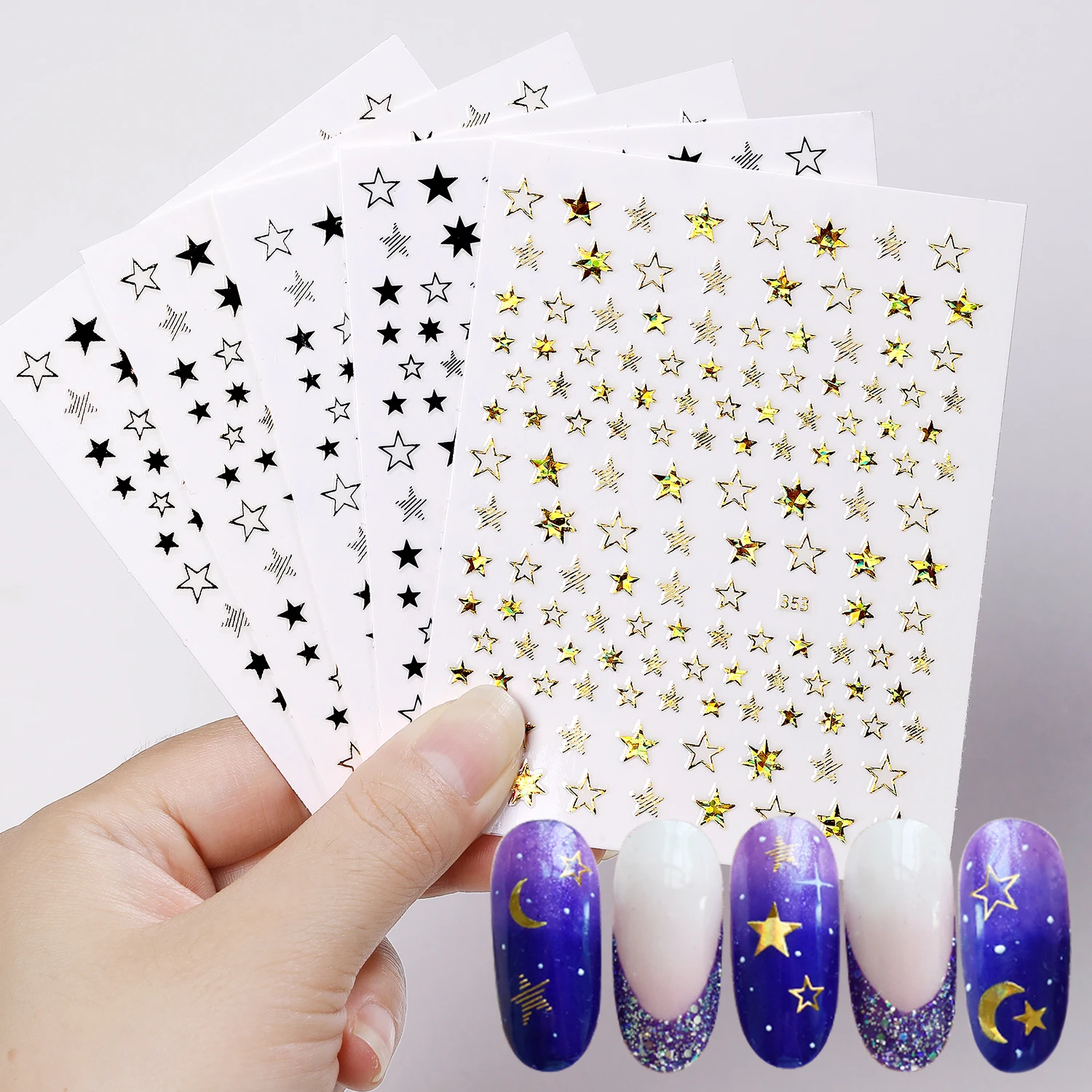 

New 3d Nail Art Sticker Black And White Laser Gold Star Heart Shaped Small Pattern Applique Nail Slider For Design Decoration