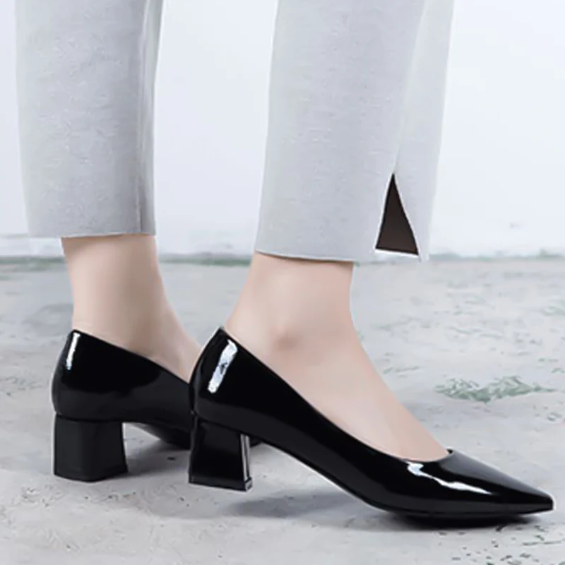 

2021 New Women Pumps Black Gray High heels 5cm/7cm Lady Patent leather Thick with Autumn Pointed Single Shoes Female Sandals