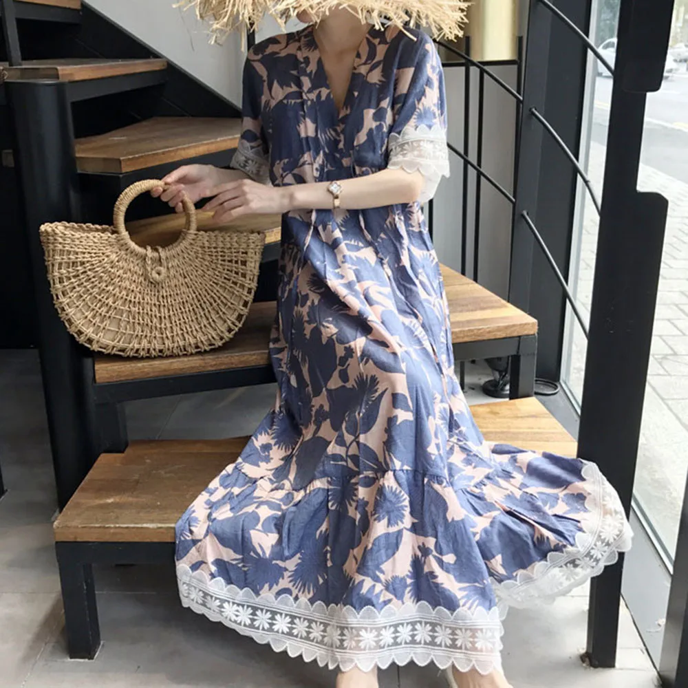 

2021 Summer New Korean Fashion Lace Splicing Long Women's Dress Printing Loose Casual Simple V-neck Summer Oversize