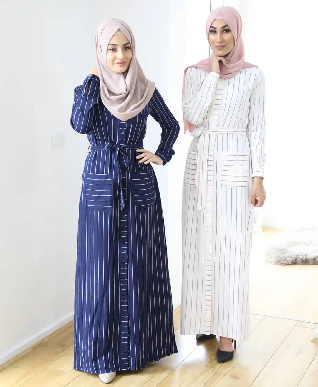 

Donsignet Muslim Dress Women Striped Shirt Dress Muslim Fashion Abaya Dubai Muslim Dress Dubai Abaya Turkey Long Dress