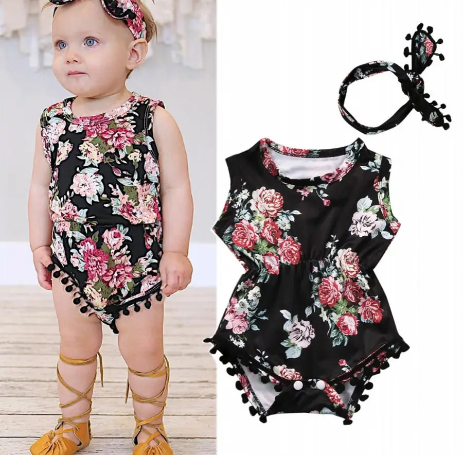 

2Pcs Baby Girls Outfits, Floral Tassel Sleeveless Bodysuit Romper + Headband Summer Clothes Sets