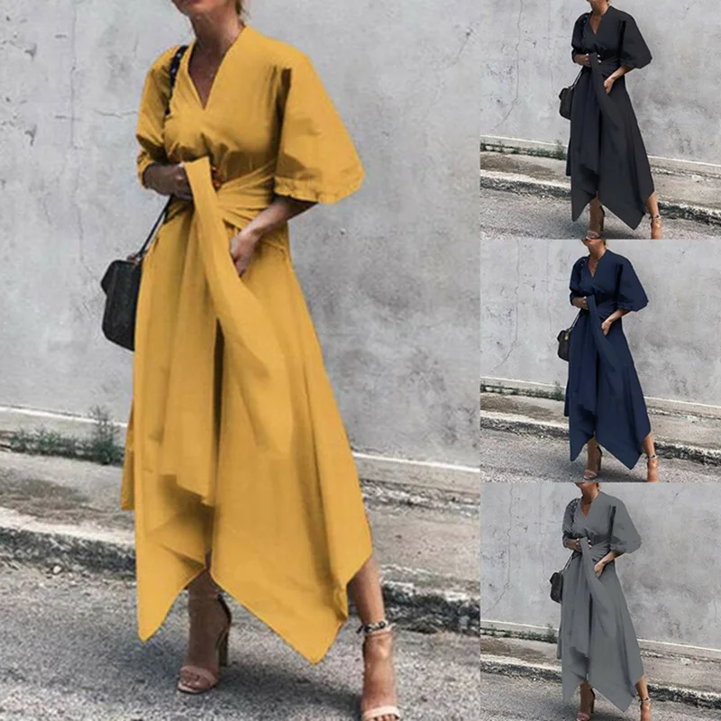 Летнее платье макси с V образным вырезом и высокой талией|Женские платья| |