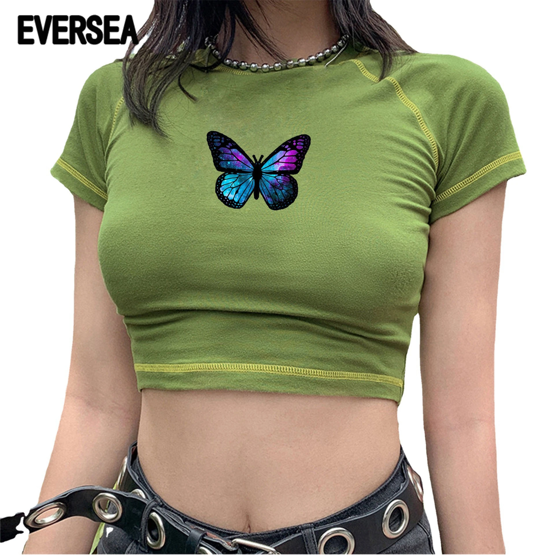 

Eversea Summer New Women's Clothing Butterfly letter print navel shirt round collar short-sleeved t-shirt