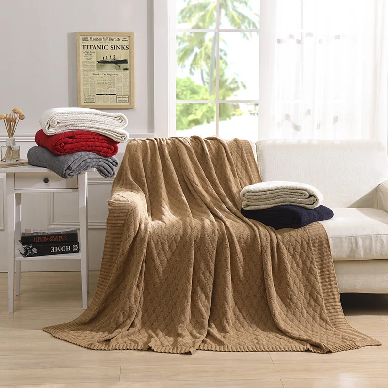 

New Nordic Pure Cotton Diamond Pattern Knitted Blanket Solid Color Sofa Blanket Travel Sleeping Blanket Air Conditioning Blanket