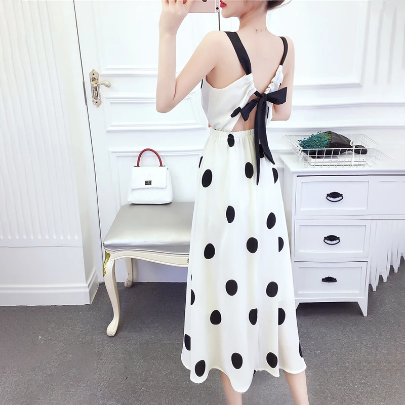 

Summer 2021 New Arrival French Polka Dot Dress Temperament Waist Waist Was Thin Sexy Backless Suspenders Leeveless Dress Zaraing