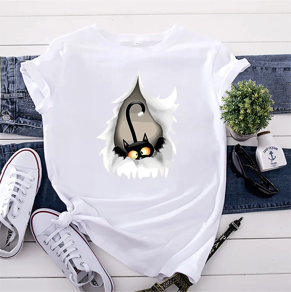 

Summer Cotton Women T Shirt 5XL Cat Animal Cartoon Print Short Sleeve Graphic Tee Tops Casual O-Neck Female TS