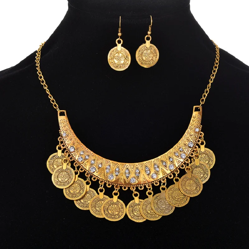 

DoreenBeads Metal Bohemian Vintage Coin Chokers Necklace Earring Set Fashion Ethnic Carved Jewelry For Women Fine Jewelry Collar
