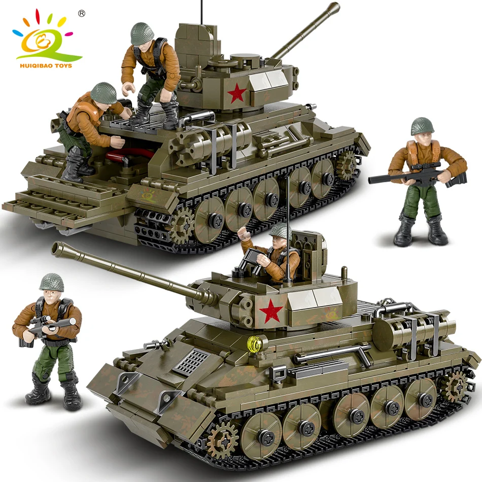 Конструктор HUIQIBAO 854 шт. военная модель WW2 T-34 средний танк с 3 фигурками солдат