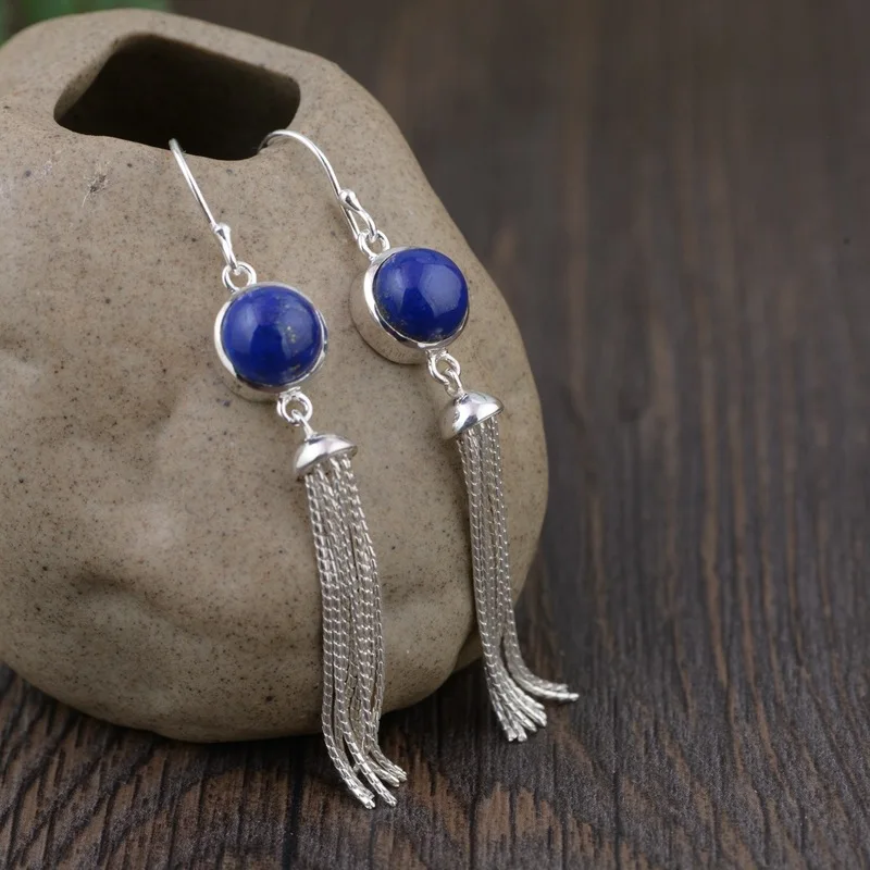 Emperor gold jewelry line natural lapis lazuli eardrop S925 silver style wholesale tassel earrings | Украшения и аксессуары