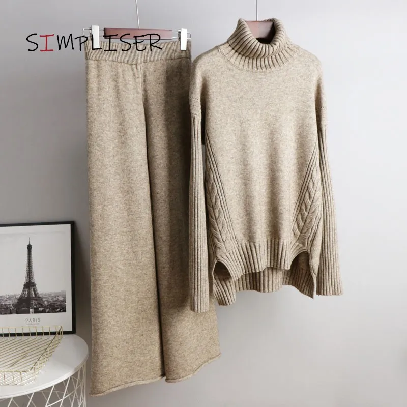 

Autumn Winter Knitted Tracksuit For Women 2021 Casual Loose Knitted Trousers+Turtleneck Sweater Women's Suit Warm Female Tracks