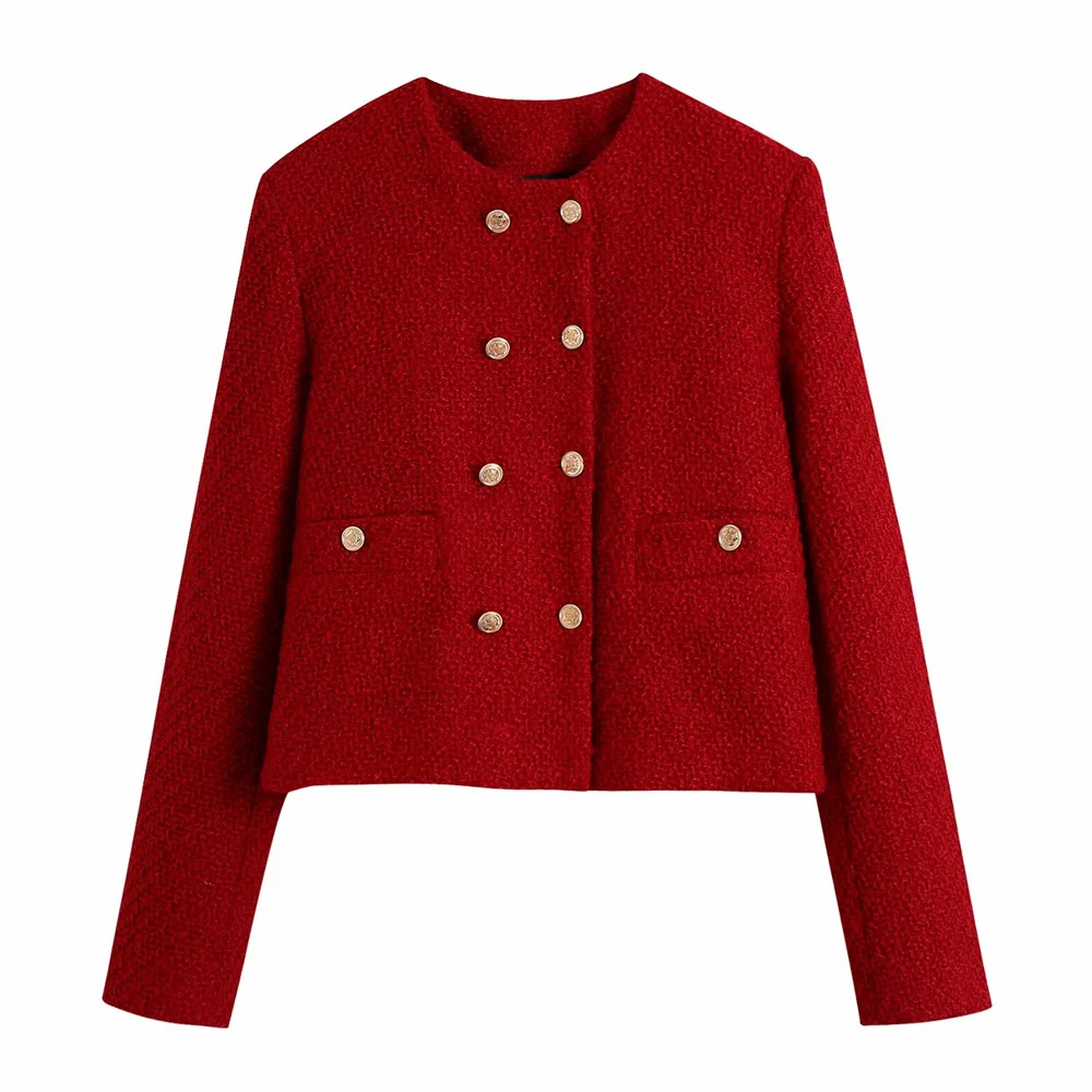 

Women 2021 Fashion Double Breasted Tweed Cropped Jacket Coat Vintage O Neck Long Sleeve Female Outerwear Chic Tops