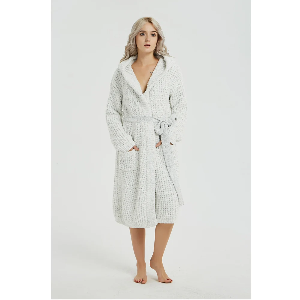 

Women Warm Bathrobe Winter Thick Thermal Bath Robe Nightgowns Knitted Open Kimono Hooded Gown Peignoir Casual Loungewear Leisure