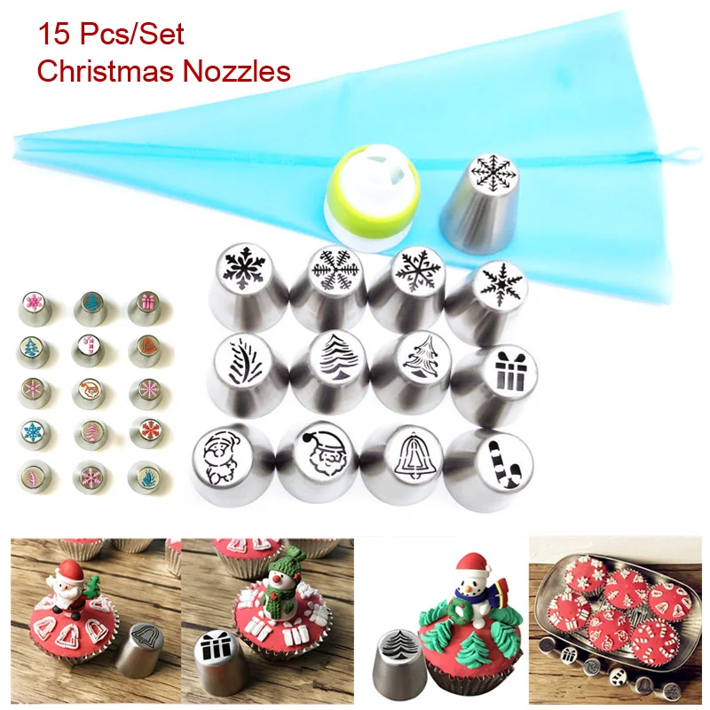 

15 Pcs Christmas Nozzles Russian Icing Piping Tips Christmas Design For Cakes Cupcakes Cookies - Decoration Pastry Baking Tools