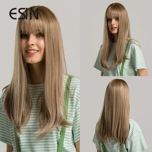 ESIN темные корни Омбре коричневый синтетический парик длинные прямые волосы парики с челкой Реалистичная имитация кожи головы боковая часть