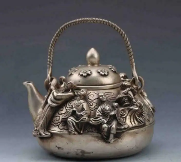 DELICATE CHINESE SILVER COPPER HANDWORK CARVED EIGHT IMMORTALS TEAPOT