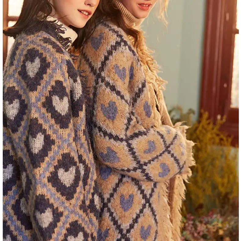 V-Neck Knitted Geometric Plaid Cardigan Women New Loose Plus Size Sweater Coat |