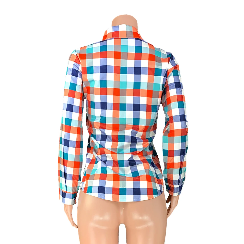 Женские блузки с длинным рукавом винтажные вечерние рубашки в клетку принтом