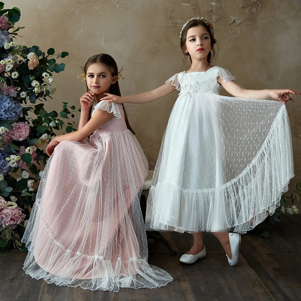 

Платье ТРАПЕЦИЕВИДНОЕ для девочки, длинное Тюлевое платье для первого причастия, с рукавами-крылышками и аппликацией, розовое цветочное, дл...