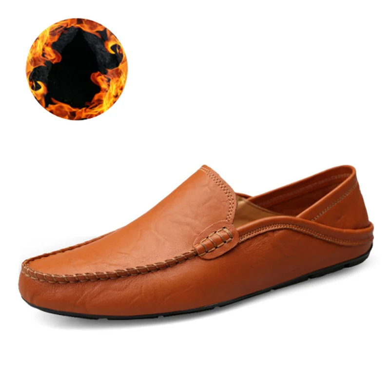 red brown with Plush Г., модная мужская обувь повседневные удобные лоферы из натуральной кожи мужские мокасины дышащая водонепроницаемая обувь без шнуровки для вождения - Цвет: red brown with Plush