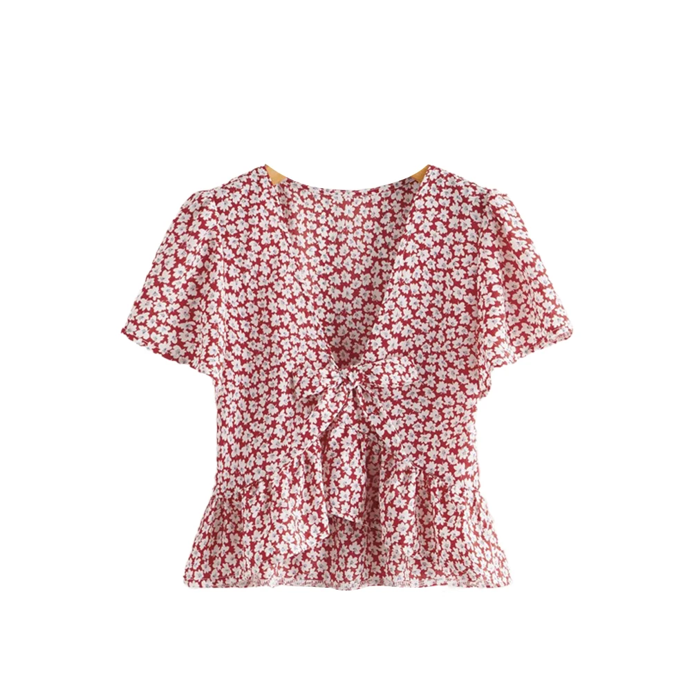 

Brand New Summer Sexy Butterfly Short Sleeve Chiffon Blouse Shirt Elegant Floral Blouse Crop Tops Deep V-neck Bandage Shirts