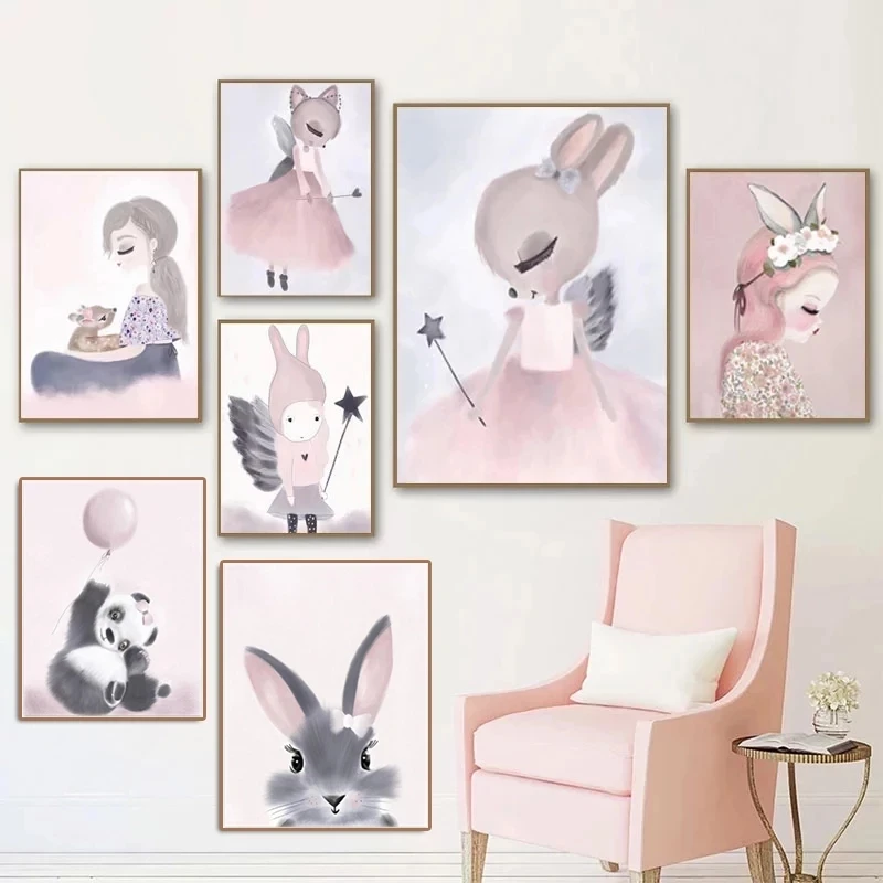 Скандинавские принты акварельные мультфильмы Единорог девушка холст картина