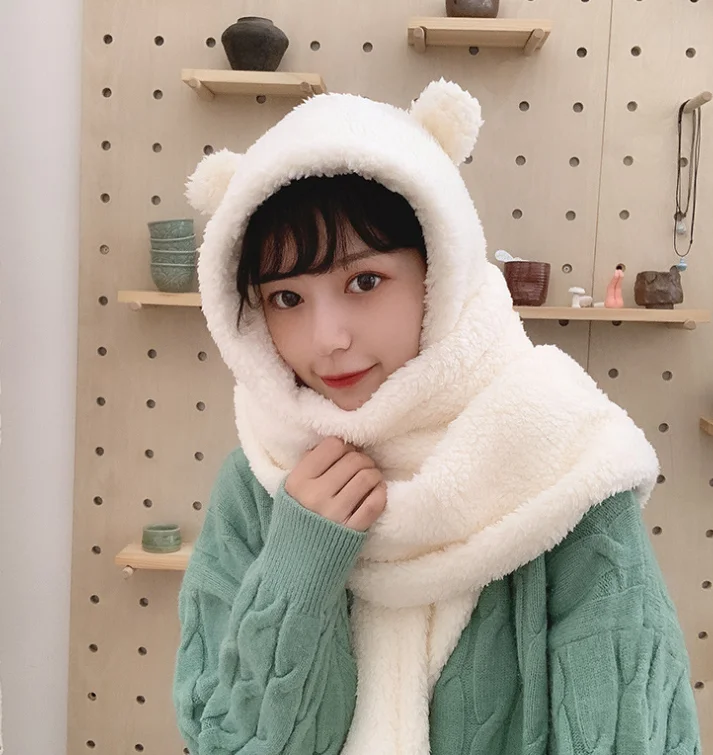 

2021 Fashion Winter Women Novelty Beanies Caps Warm Cute Bear Ear Hat Casual Plush Hat Scarf Set Casual Solid Women Caps Present
