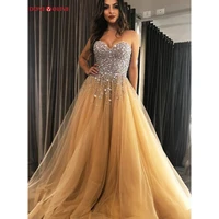 gold beading prom dresses crystal sequined 2020 sweetheart tulle sweep train prom evening dresses woman party night vestidos