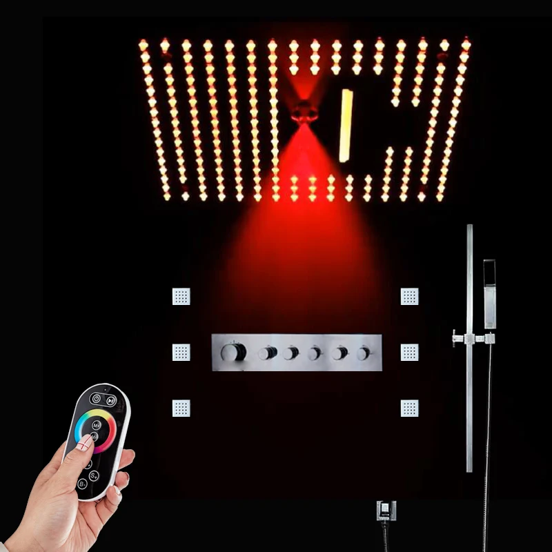 16" LED Bathroom Shower Set Luxury Bathtub Waterfall Panel Rainfall Thermostatic Valve System Showerhead With Sliding Bar