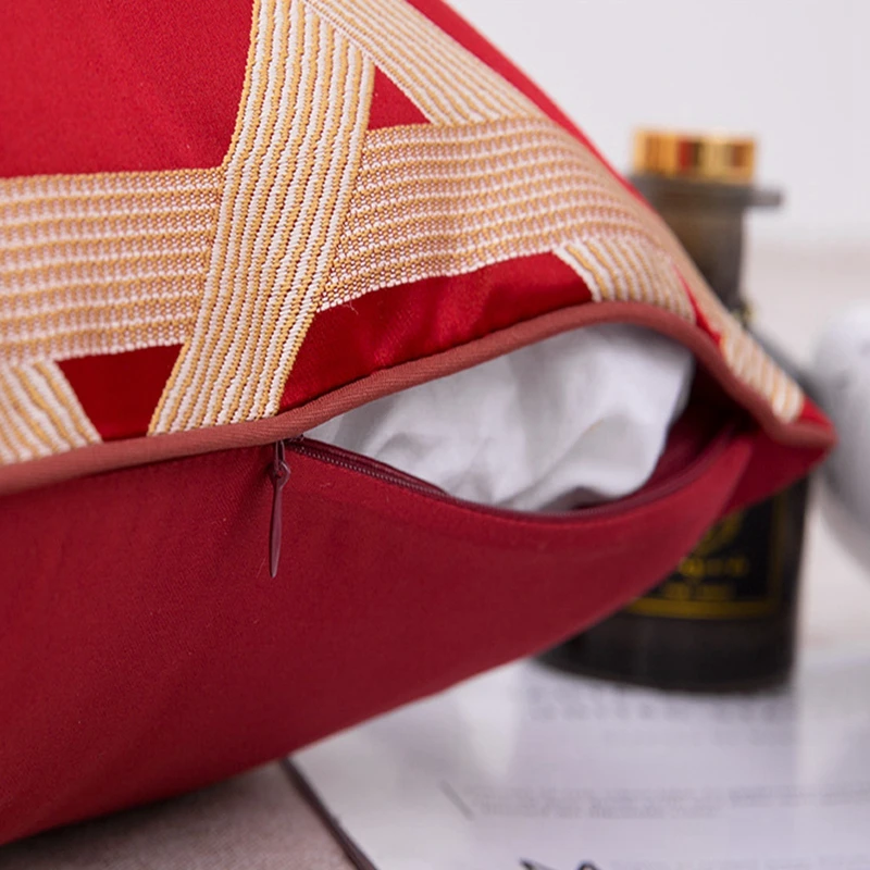 

Light Luxury Sofa Cushion Cover Chinese Style Red Embroidery Stitching Striped Pillowcase Home Hotel Decor Chair Pillows Case
