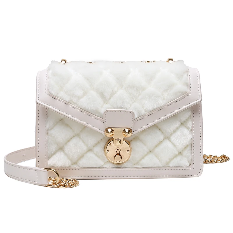 

Plush Square Crossbody bag 2020 Winter New High-quality PU Leather Women's Designer Handbag Lattice Chain Shoulder Messenger Bag
