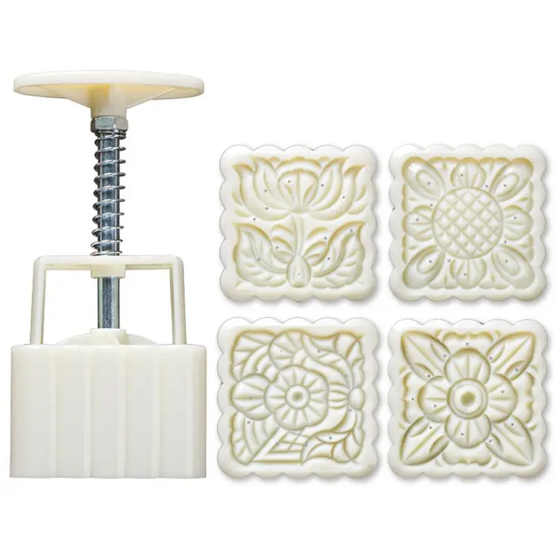 

4pcs Square Hand Press Stamp Moon Cake Decor Barrel Mooncake Mold 125g DIY Tool