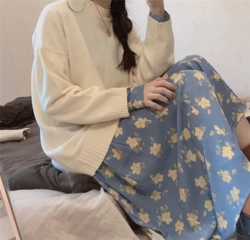 

Fall 2021 New Korean Style Retro Style Mid-Length Shirt Floral Dress for Women Gentle Dress