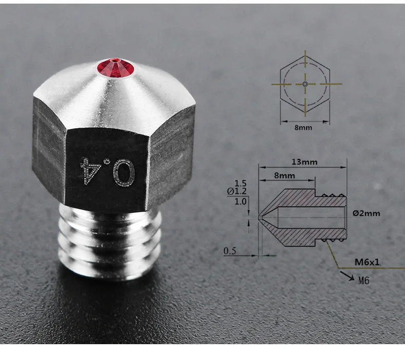 

FDM 3d Printer Titanium Alloy Mk8 Ruby Nozzle 0.4mm 1.75mm Nozzles High Temperature For PETG ABS PET PEEK Nylon Printer