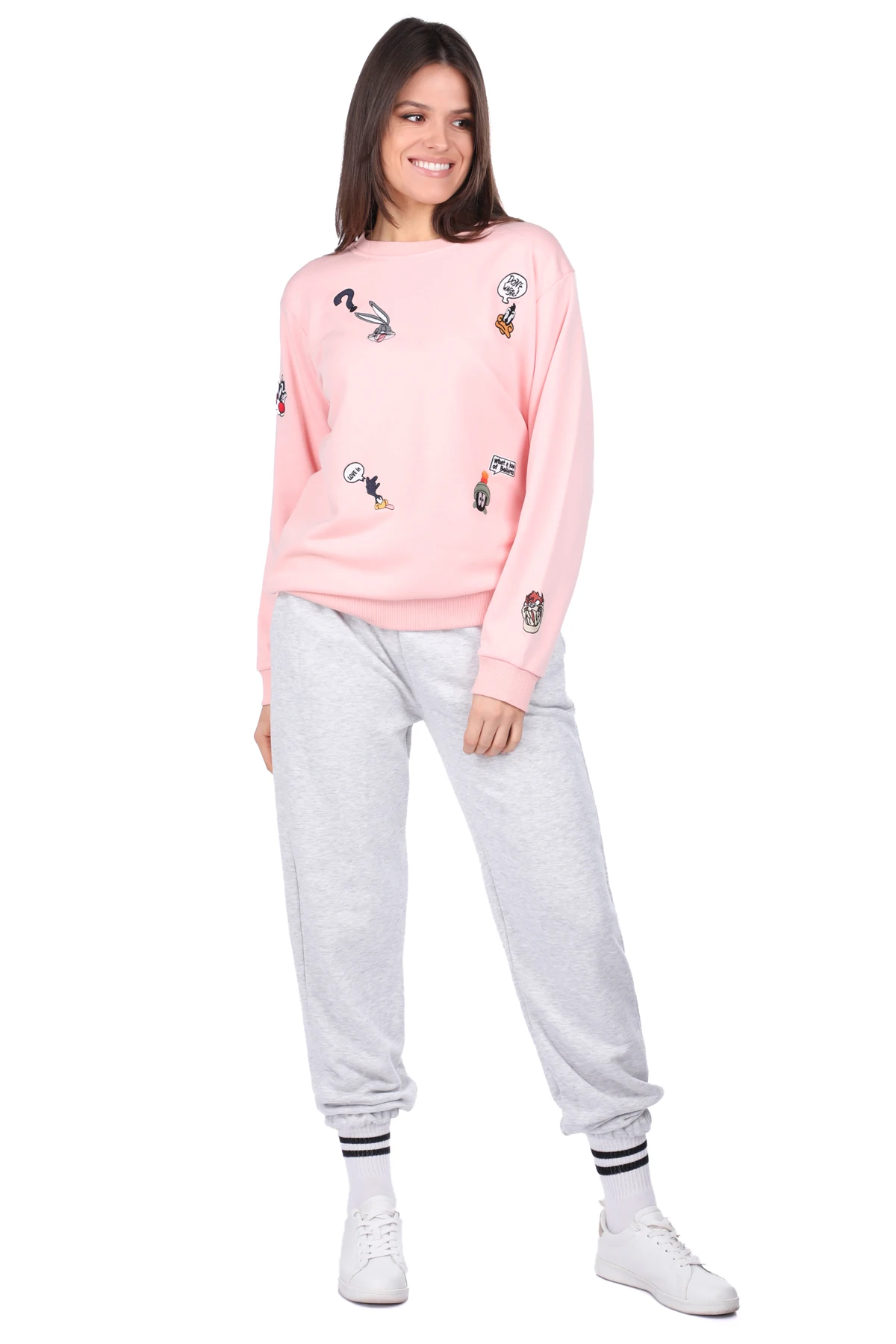 

Cartoon Character Embroidered Pink Womens Sweatshirt