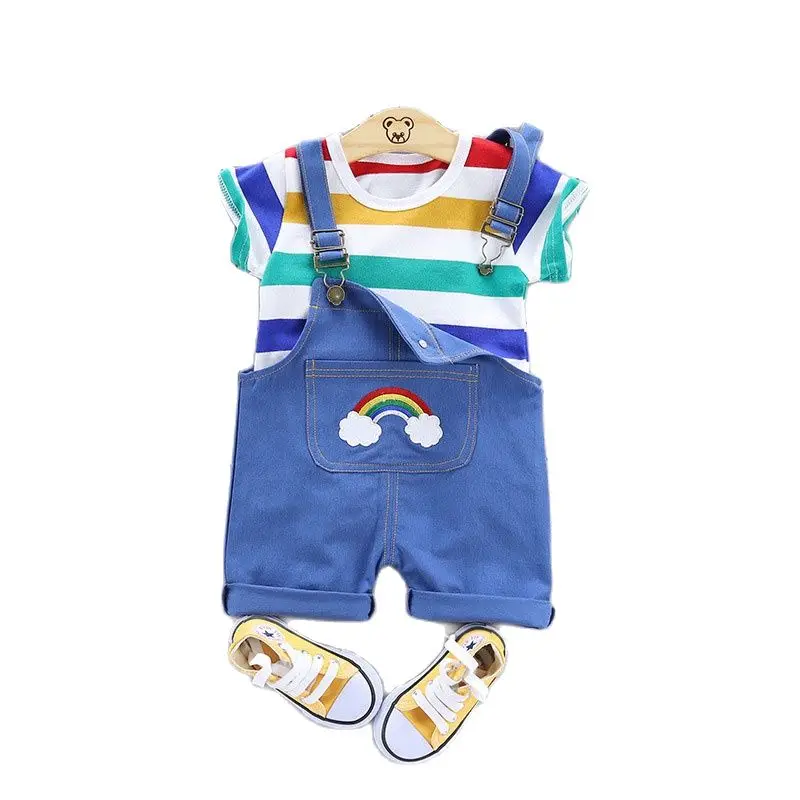 

summer new casual baby boys girls short sleeve 2pcs clothing sets overalls and stripes t-shirt rainbow pattern Jumpsuit Overlles