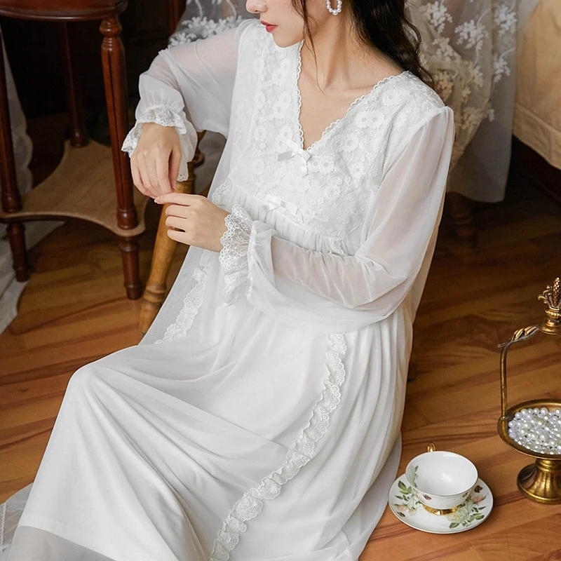 

Women Sexy Lace Dress Sleepwear Vintage Embroidery Nightgowns Modal Homewear Palace Nighty Ladies Hot Erotic Long Sleep Shirts