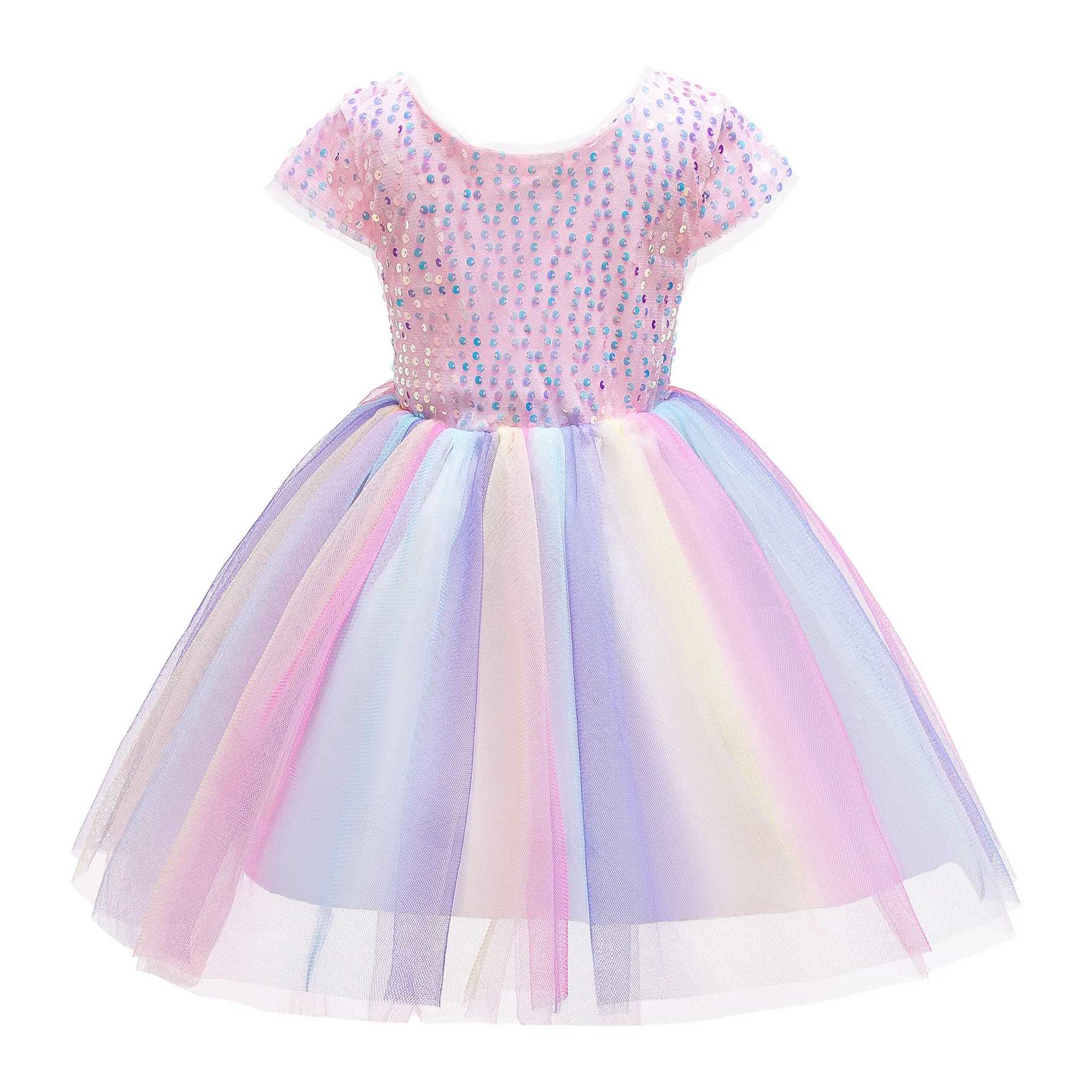 

2020 Summer and Autumn Little Girl's Princess Dress Children's Rainbow Gauze Dresses Crown Sequin Sweet Cute Fashion Clothes