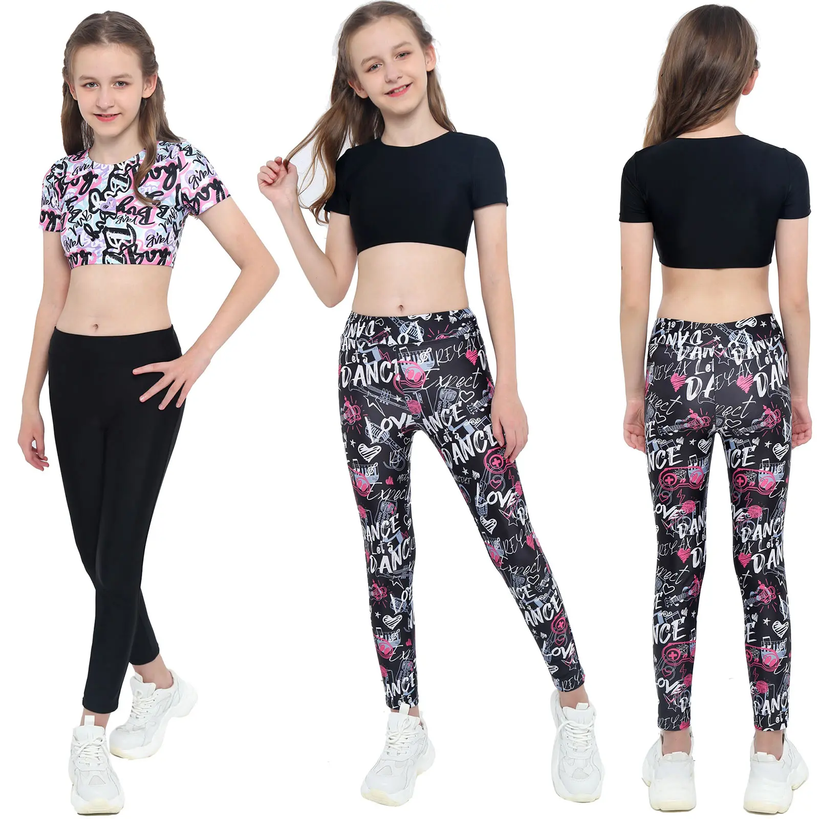 

New Kids Girls Running Gym Yoga Workout Sportwear Dancewear Round Neck Short Sleeve Crop Top Letters Print Pants Trousers