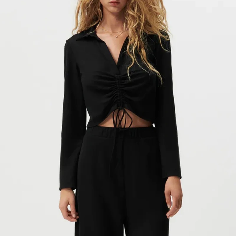 

2021 Autumn Women Fashion Solid Color Hem Drawstring Folds T-shirt Casual Long Sleeve V Neck Short Pullovers Chic Top LY9696