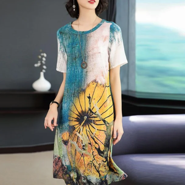 

Women's Dresses 2020 new summer oil painting printed silk dress loose dress large size M-3XL high quality vestidos AQ234